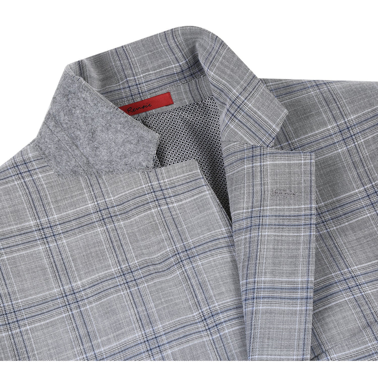 The Alessandro Vitello by Renoir Classic Fit Checked Suit Gray 293-23 is stylishly displayed on a mannequin, paired with a blue tie and white shirt.