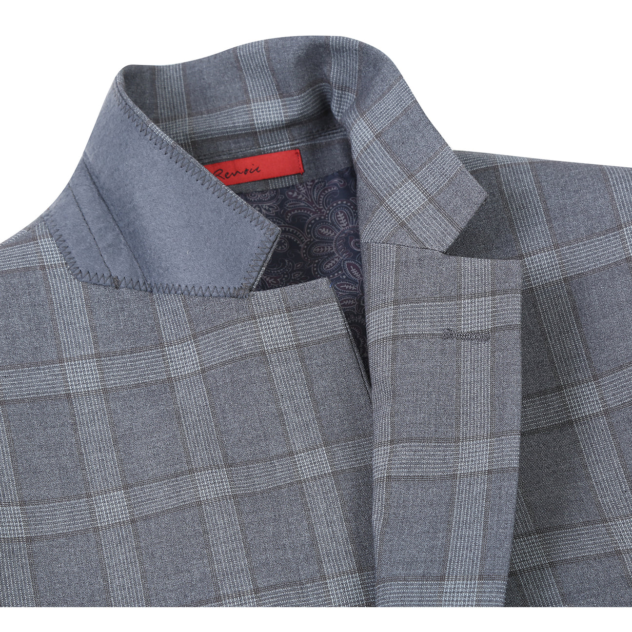 The Alessandro Vitello by Renoir New Slim Fit Monument Suit 293-46, showcased on a mannequin with a white dress shirt and red patterned necktie—a refined men’s ensemble from Renoir.