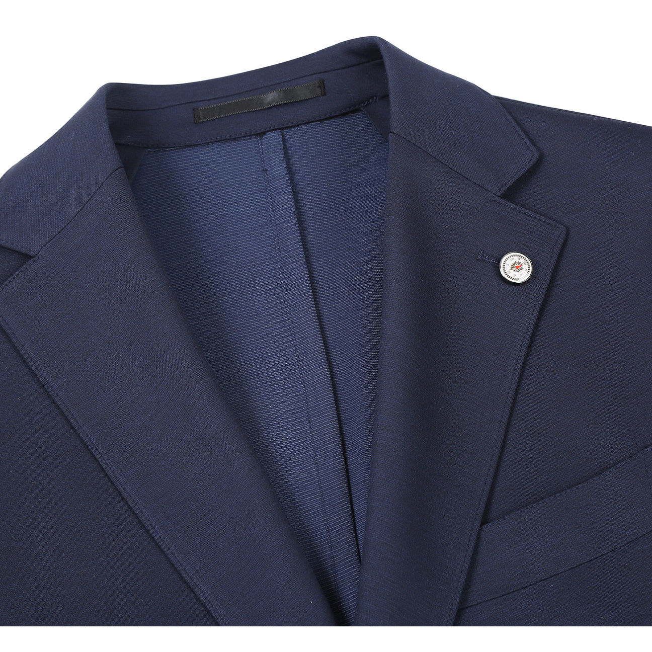 The mannequin wears a Pellagio Midnight Navy Men's Half Canvas Suit PF24-16, featuring a notched lapel, slim fit, and two buttons, paired with a white shirt and red patterned tie.