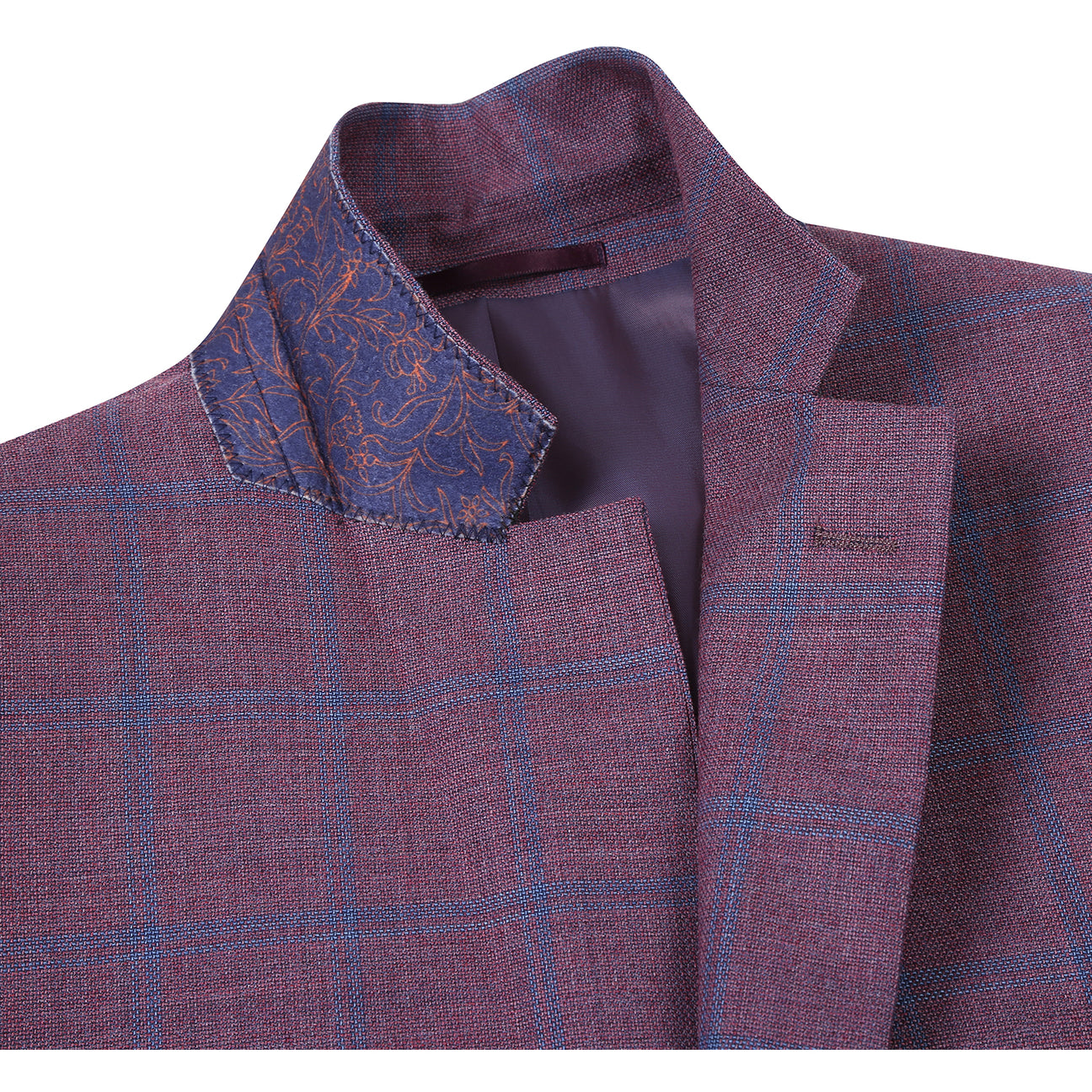 A mannequin wearing the Renoir Alessandro Vitello by Renoir New Slim Fit Sport Coat 565-17, styled with a white dress shirt, navy polka dot tie, and floral pocket square.