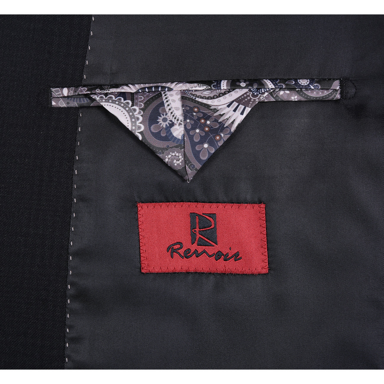 The Alessandro Vitello by Renoir New Slim Fit Black Suit 293-57 by Renoir is displayed on a mannequin with a black single-breasted jacket, white dress shirt, patterned tie, and pocket square.