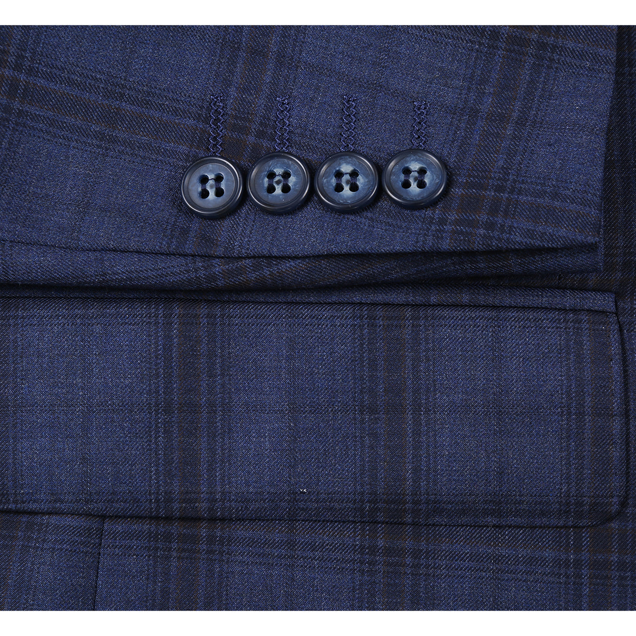 The Renoir Alessandro Vitello New Slim Fit Wool Navy Suit 566-14 is displayed on a mannequin, paired with a white dress shirt and dark patterned tie.