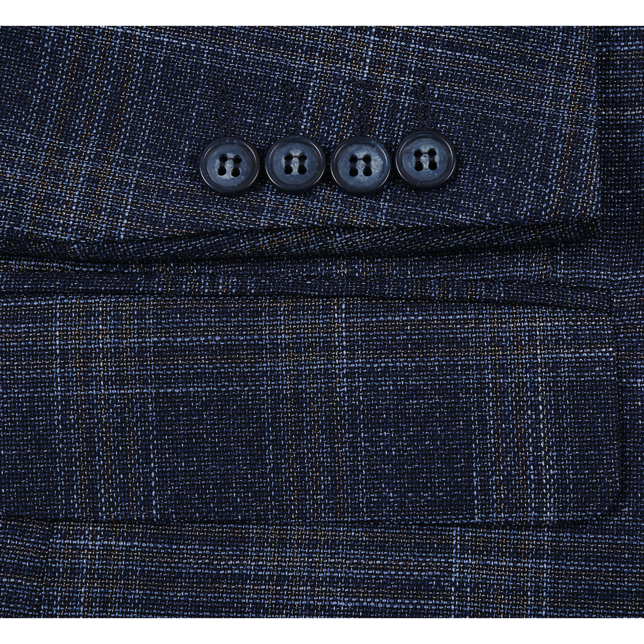 Displayed elegantly on a mannequin, the Renoir "Alessandro Vitello" Navy Blazer is paired with a white shirt, blue polka-dot tie, and matching pocket square.