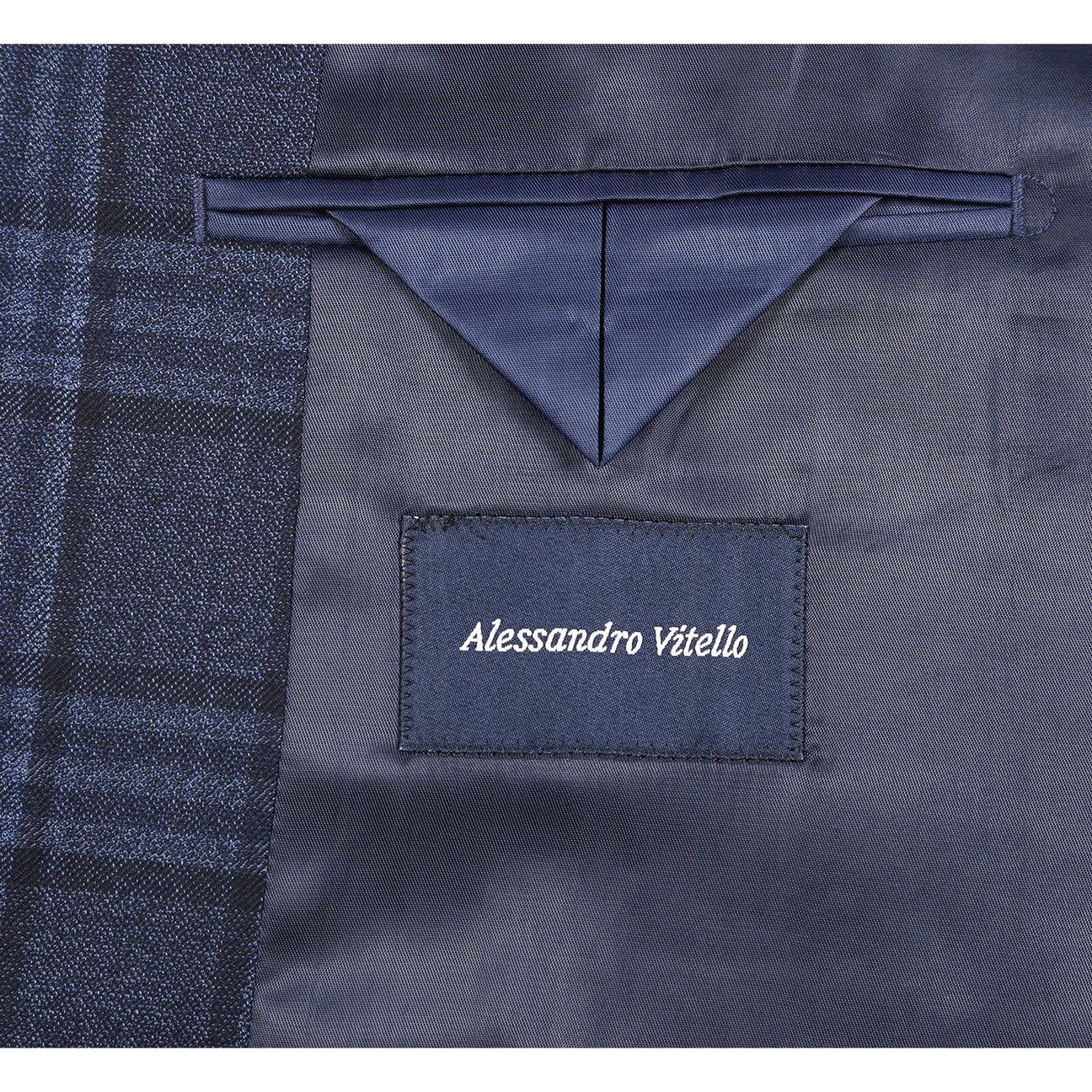 The Renoir Alessandro Vitello New Slim Fit Wool Dark Gray Blazer 567-6 features notched lapels, two buttons, flap pockets, a blue pocket square, and an orange striped tie. Close-ups show interior details and sleeve buttons.