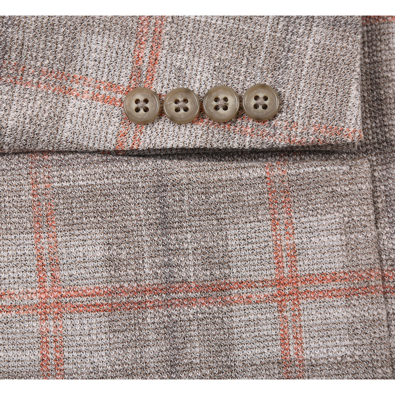 Pellagio Men's Half Canvas Blazer Beige PS25-1 is displayed on a mannequin with orange accents, notched lapel, white dress shirt, blue striped tie, and green patterned pocket square. Brand: Pellagio.