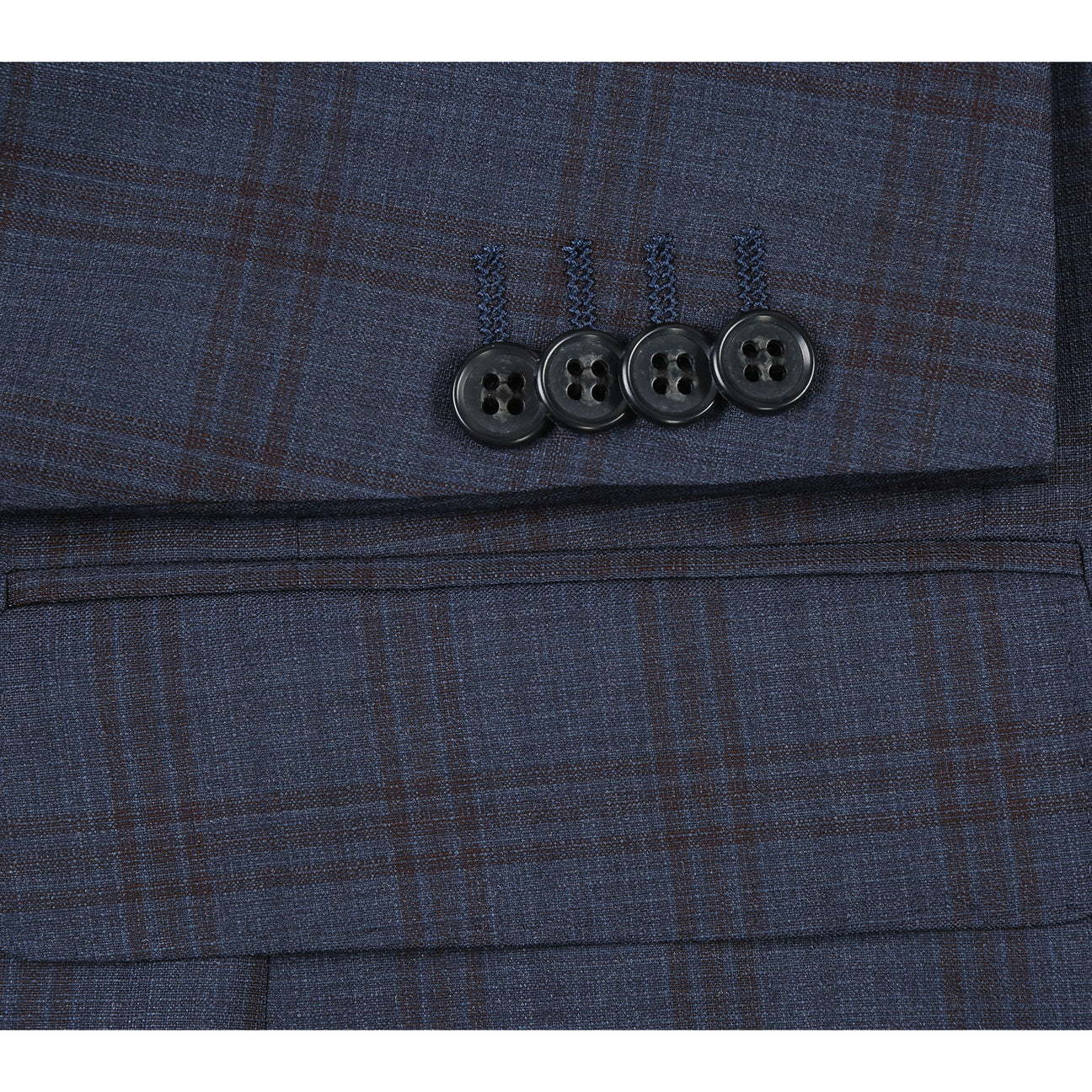 The Alessandro Vitello by Renoir 2-Piece Classic Fit Wool Suit, made from 100% Wool Super 140's, features a dark plaid pattern with a notch lapel and single button closure. It's paired with a white dress shirt and brown patterned tie on a mannequin displaying its 2B side-vented design.