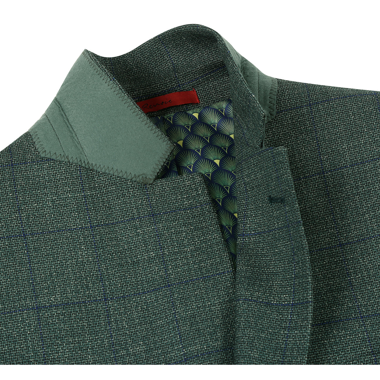 The Alessandro Vitello by Renoir New Slim Fit Green Blazer 294-36 features a dark green plaid, single-breasted design with two buttons, notch lapel, and flap pockets, shown on a mannequin with a white shirt and blue striped tie.