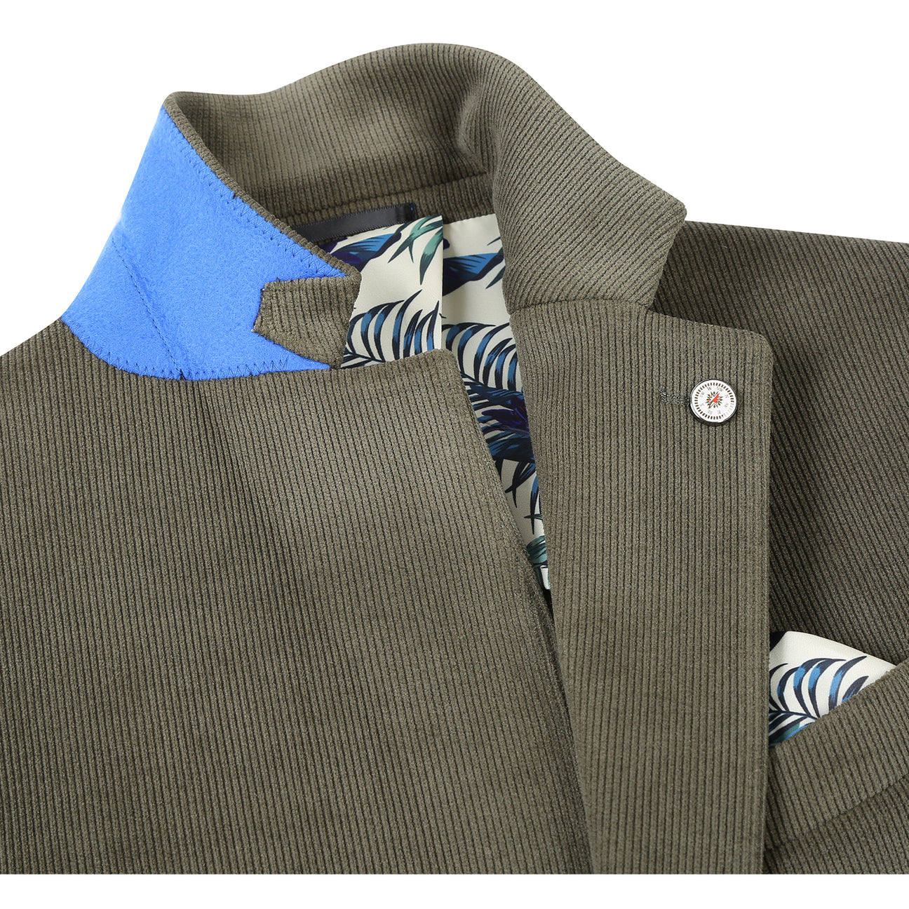 Pellagio Men's Half Canvas Blazer Olive PF24-8 by Pellagio features a slim fit, notched lapel, two-button closure, front patch pockets, and is paired with a striped tie, white dress shirt, and patterned pocket square in the chest pocket.