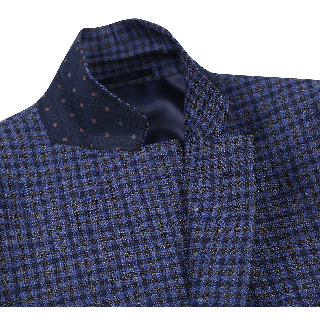 The Renoir Alessandro Vitello Classic Fit Wool Blue Blazer 565-9 is shown on a mannequin with a white dress shirt and blue patterned tie, featuring a notch lapel and a blue and black checkered pattern.