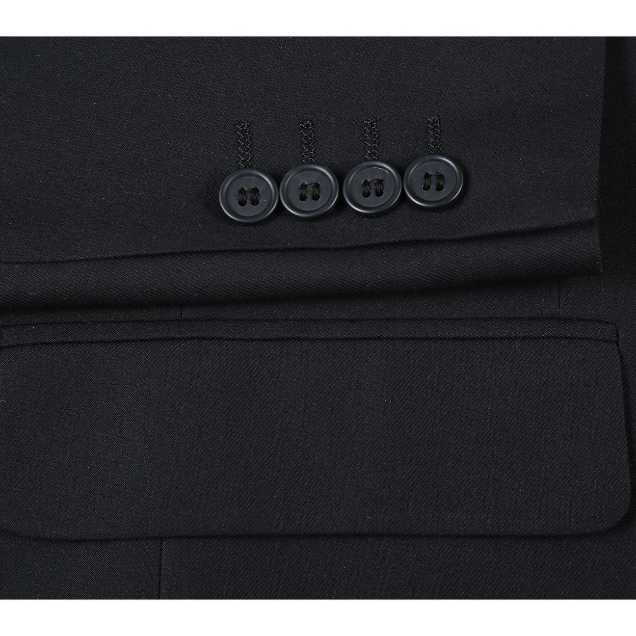 The Alessandro Vitello by Renoir Double-Breasted Peak Lapel Slim Fit Black Suit 201-1 is showcased with a white dress shirt and patterned bow tie—a sophisticated Renoir two-piece ideal for formal events.