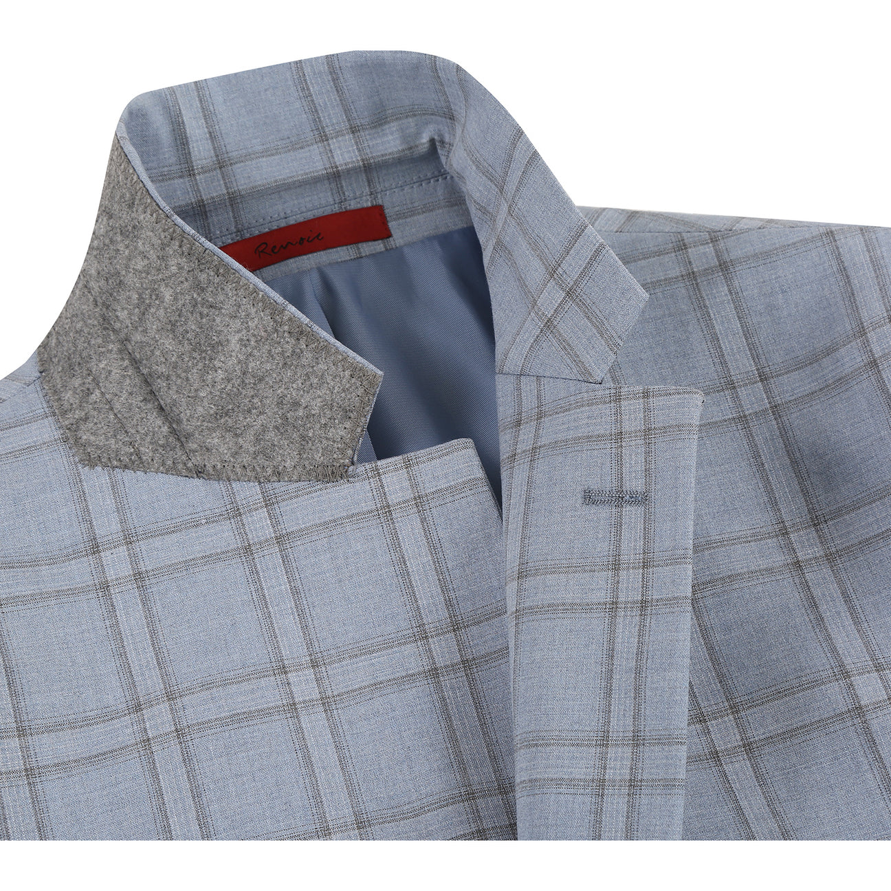 The Renoir Alessandro Vitello Blue 293-40 slim fit suit jacket, paired with a white shirt and red patterned tie, is elegantly displayed on a mannequin.