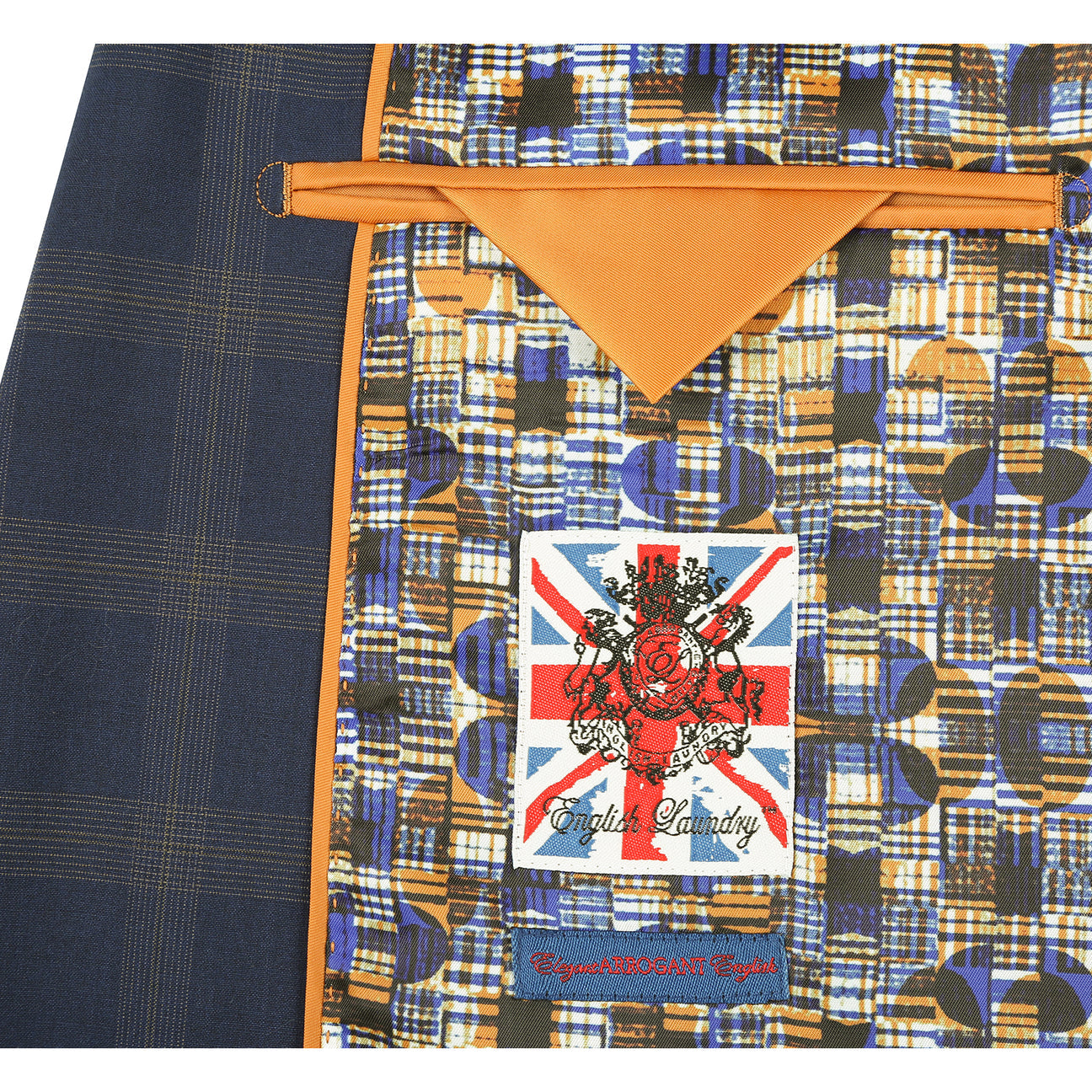 The ENGLISH LAUNDRY TR Suit 12-58-410EL by English Laundry is a navy blue plaid blazer with notch lapels, two buttons, flap pockets, and a colorful patterned inner lining shown in a front-facing view.