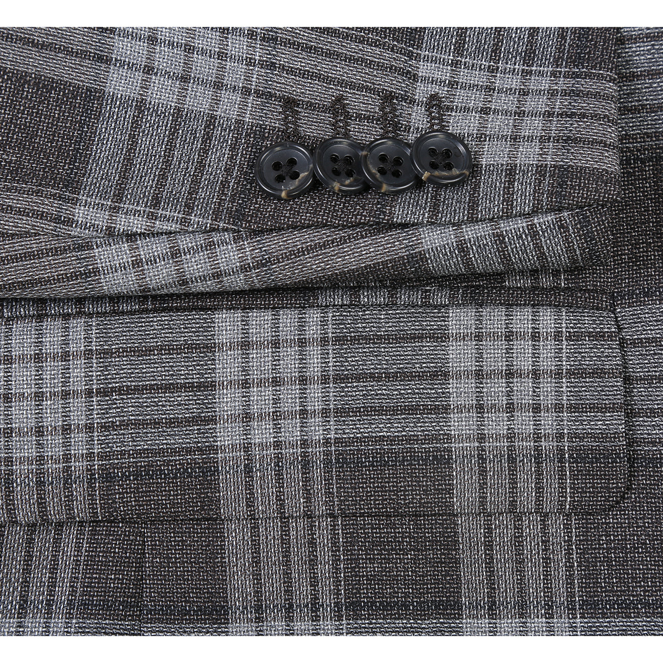 The Alessandro Vitello ALESSANDRO VITELLO Slim Fit Sport Coat 565-8 features a gray plaid wool design with black and white checks, single breasted front, two buttons, flap pockets, and an orange pocket square for a sleek look.