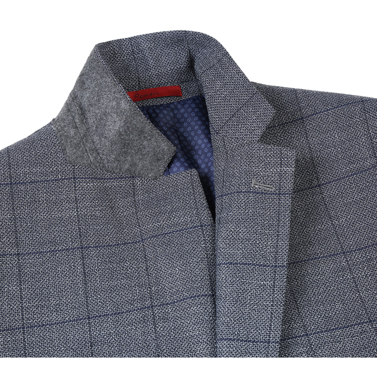 The Alessandro Vitello by Renoir Slim Fit Blazer Gray 294-20 is displayed on a mannequin with a stylish notch lapel, paired with a white shirt and purple patterned tie.