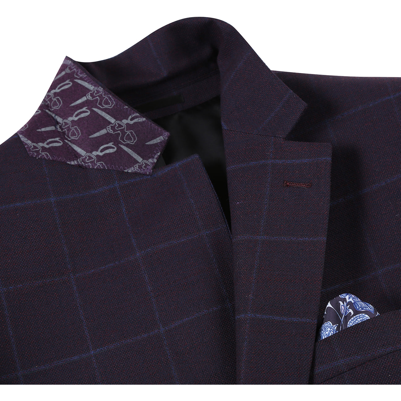 The Renoir Alessandro Vitello New Slim Fit Wool Midnight Blue Blazer 565-11 is displayed on a mannequin with a white dress shirt, red polka dot tie, and patterned pocket square.
