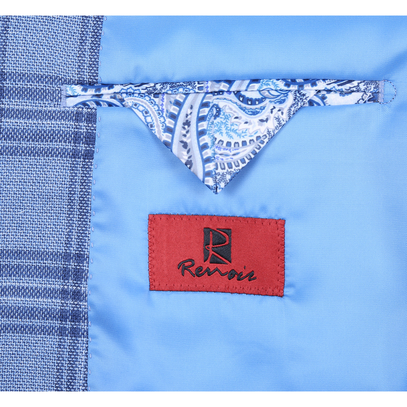 The Alessandro Vitello by Renoir New Slim Fit Blue Blazer 294-63 from Renoir, featuring notch lapels, is shown on a faceless mannequin with a white shirt and blue tie.