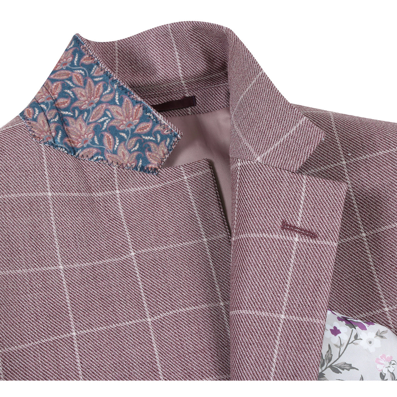 The Renoir Alessandro Vitello by Renoir New Slim Fit Sport Coat 565-16, a mauve checkered 100% wool jacket with notch lapels, is shown on a mannequin with a white shirt, green patterned tie, and pocket square.