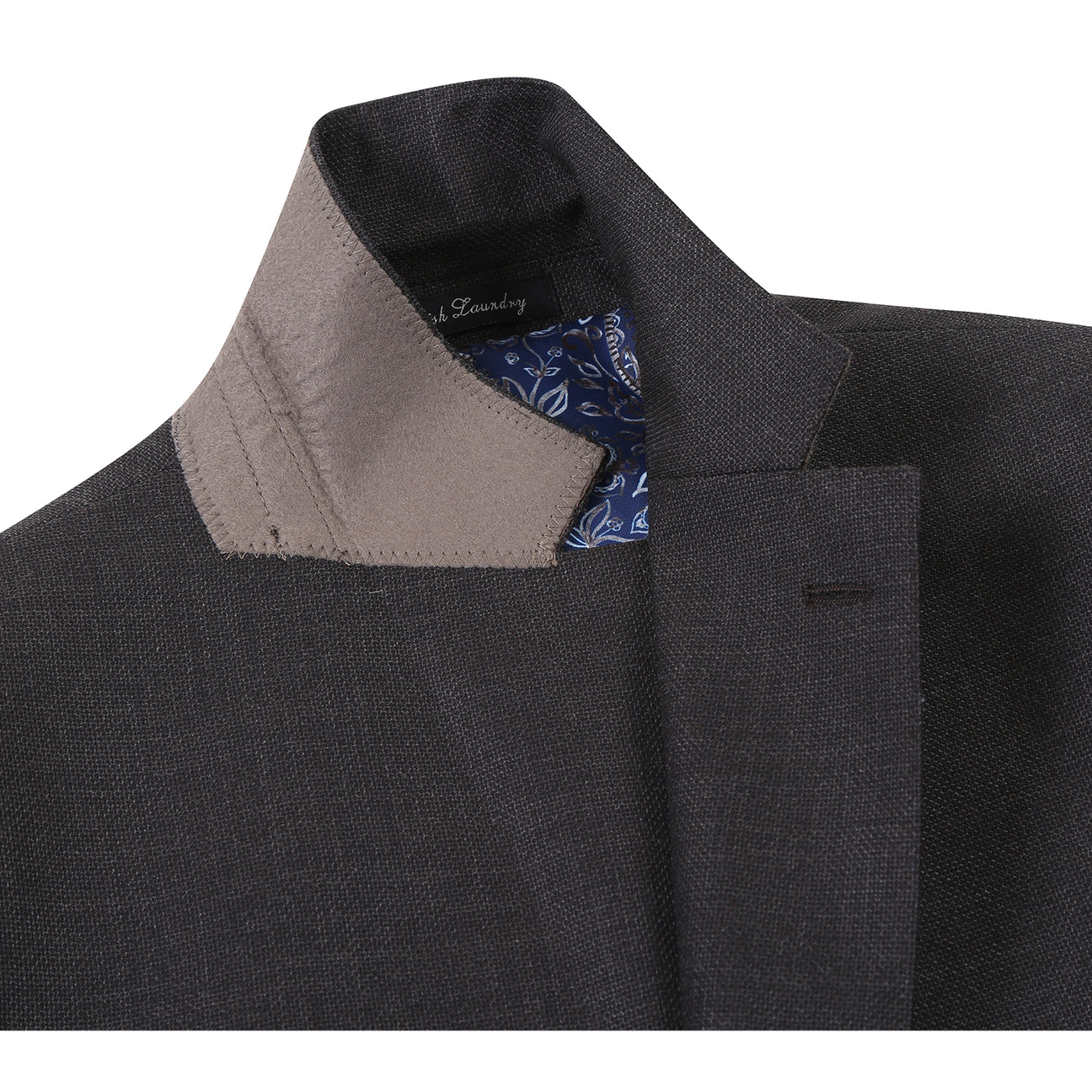 The ENGLISH LAUNDRY Dark Gray Suit EL12-02-095 by English Laundry, styled on a mannequin with a white dress shirt and black, gray, and silver striped tie, offers a refined slim fit suit look.