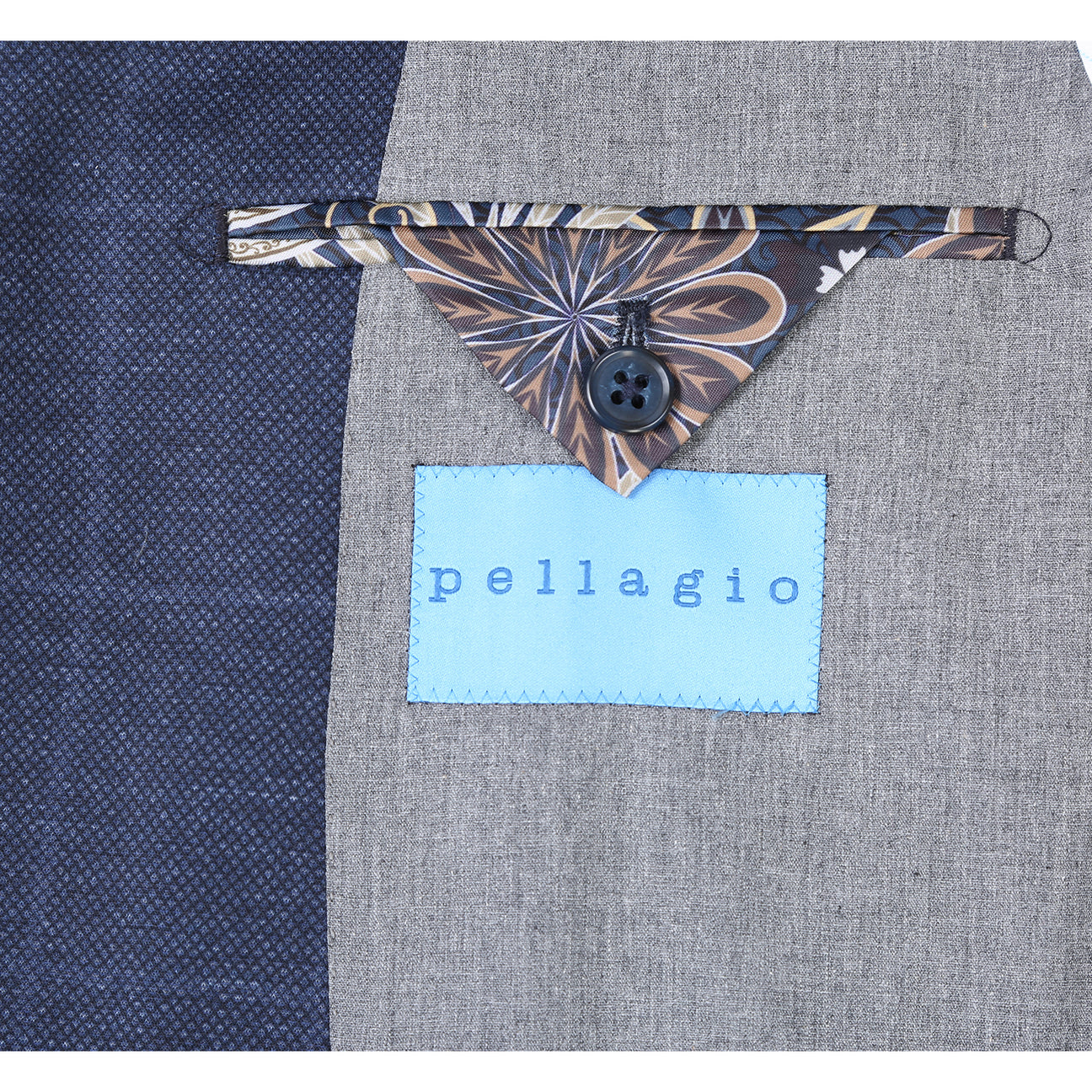 The Pellagio Riserva JKT Blazer PF24-6 by Pellagio is a dark blue plaid blazer with spandex for stretch, featuring floral inner lining and a matching pocket square.