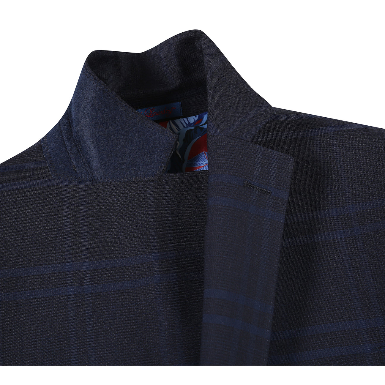 The ENGLISH LAUNDRY Navy Check Suit 22-20-410EL by English Laundry features a slim fit jacket with notched lapels, two-button closure, white dress shirt, and blue patterned tie—perfect for any formal occasion.