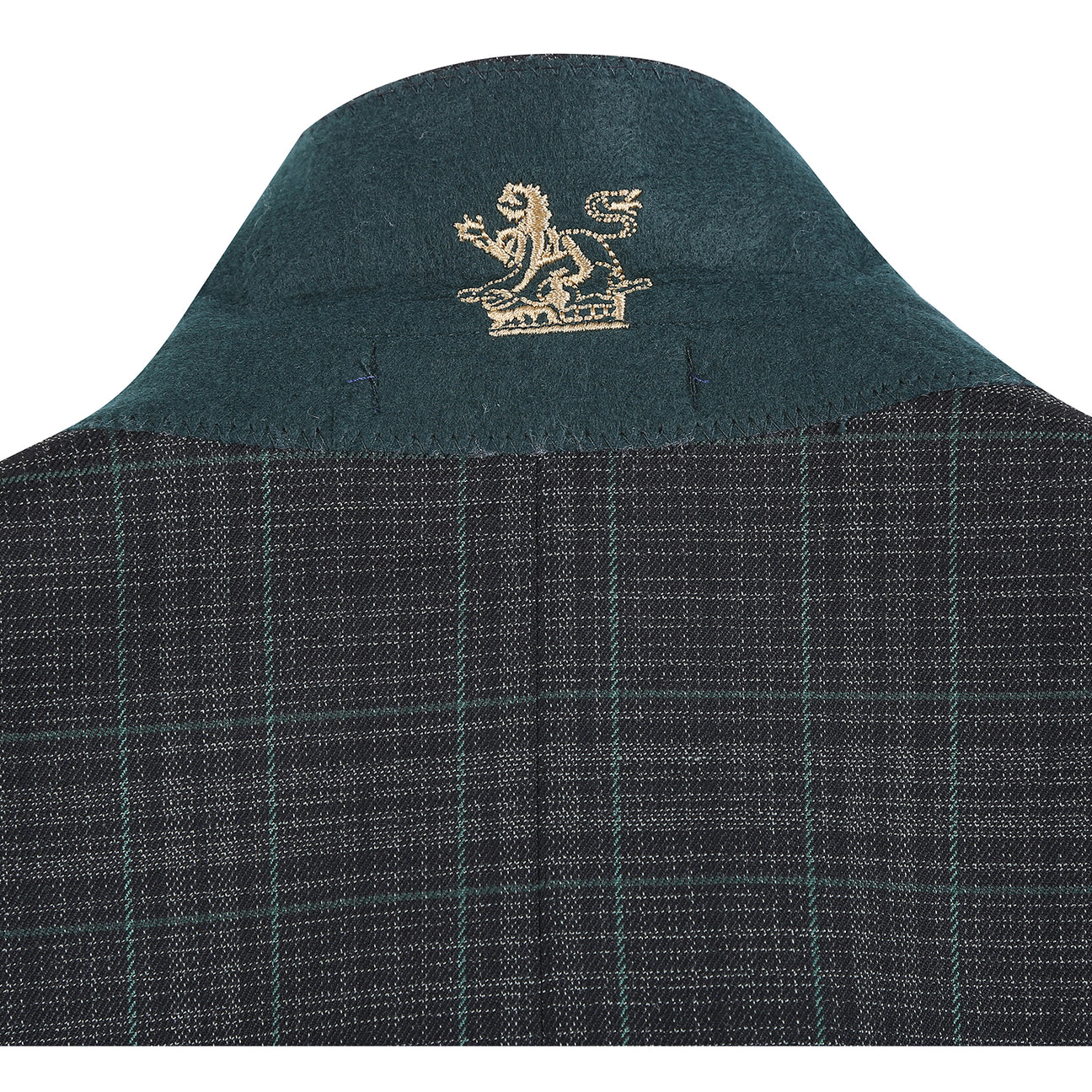 The ENGLISH LAUNDRY 2pc Suit Green 32-24-001EL by English Laundry is a dark plaid men's blazer featuring notch lapels, two-button closure, flap pockets, and a green tropical leaf print lining.