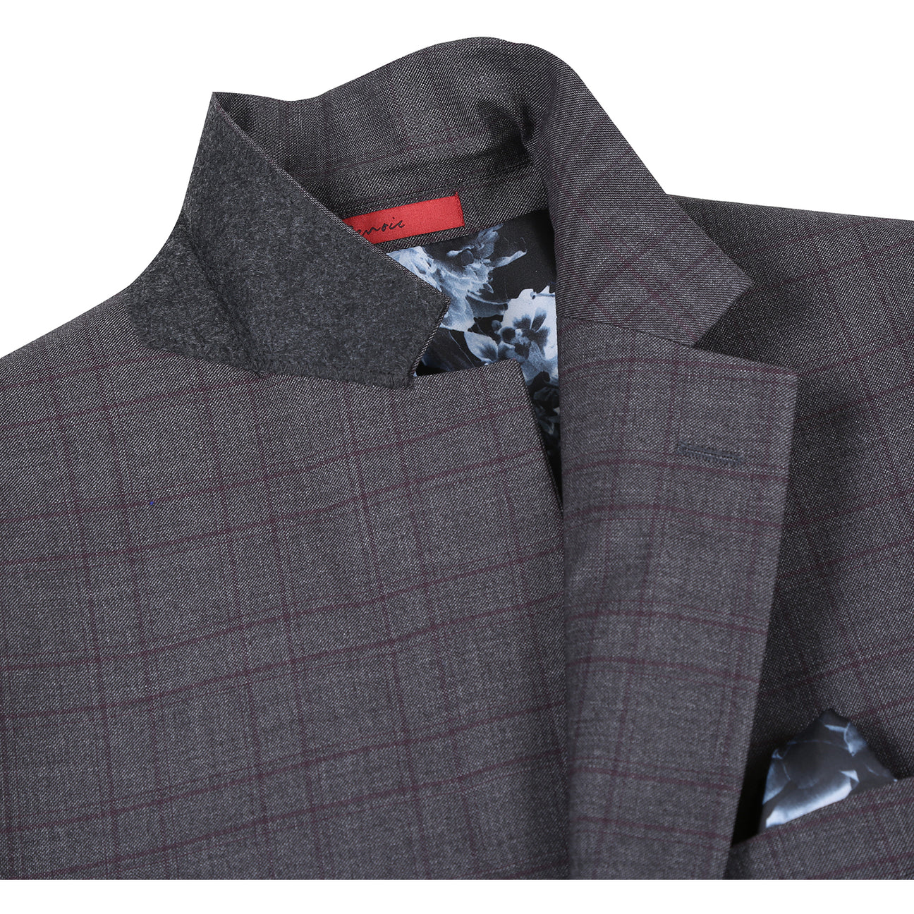 The Alessandro Vitello by Renoir New Slim Fit Gray Suit 293-47 is displayed on a mannequin, featuring a dark gray plaid design, polyester-rayon-spandex blend, paired with a white shirt, red patterned tie, and pocket square.