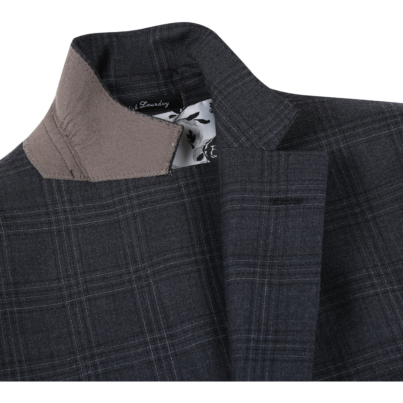 The ENGLISH LAUNDRY Dark Gray Check Suit EL12-58-095 by English Laundry is shown on a mannequin, styled with a white dress shirt and striped tie for a timeless men's suit ensemble.