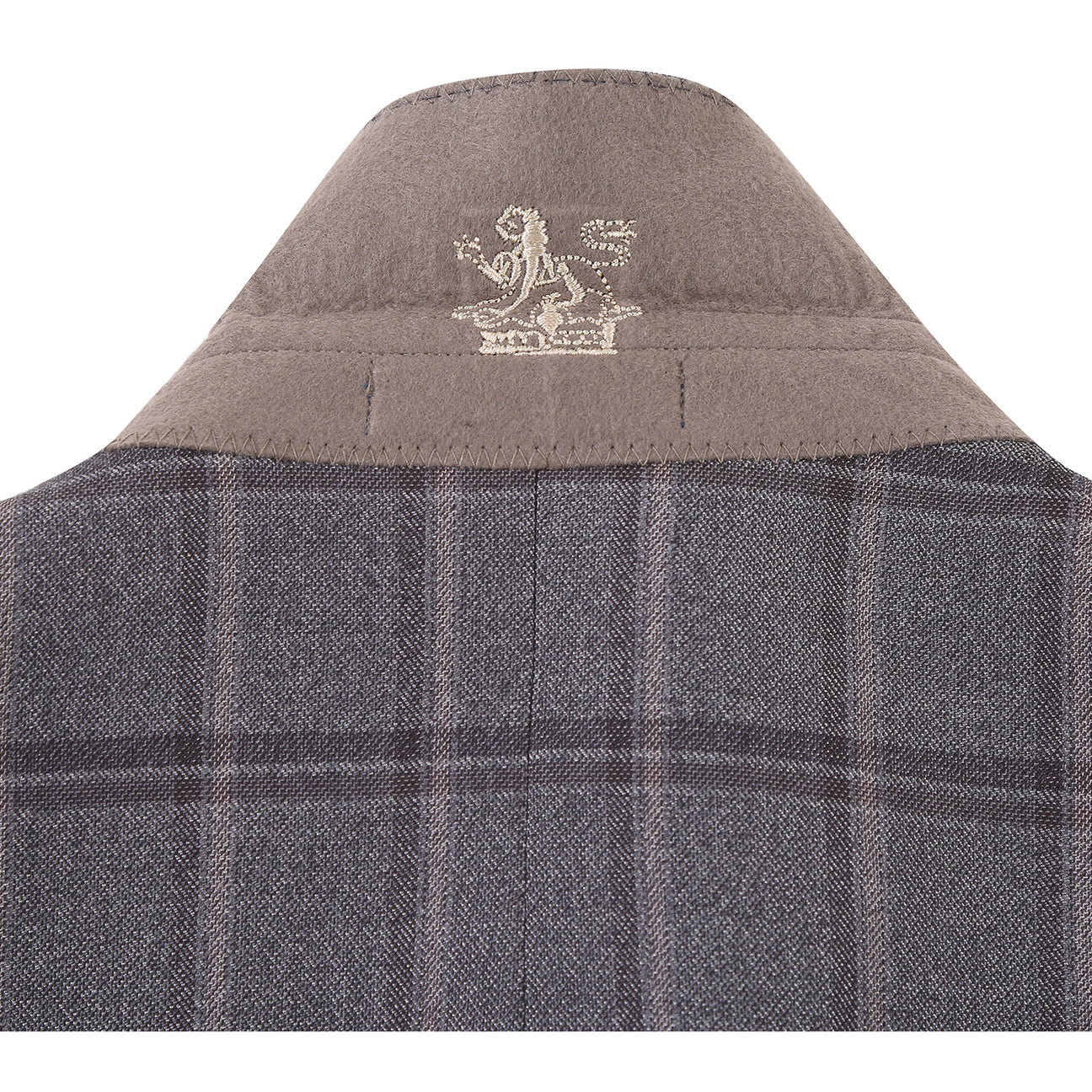 The English Laundry Double-breasted Gray Check Suit 22-50-092EL features peak lapels, matching buttons, and flap pockets, styled with a white dress shirt and red patterned tie for timeless men's formalwear.