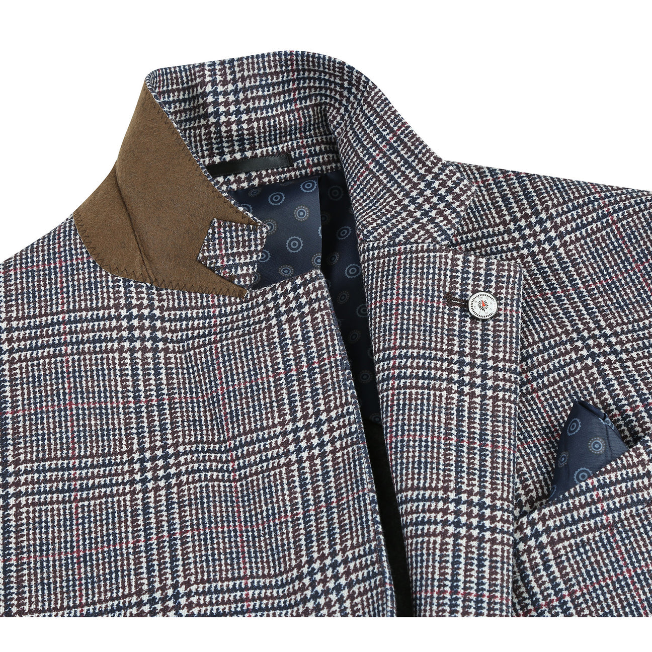 The Pellagio Men's Half Canvas Light Gray Blazer PF23-13 is showcased on a mannequin, styled with a white shirt and dark patterned tie, exuding sophistication with its slim fit design.