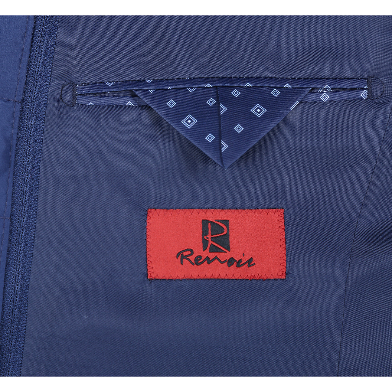 The Alessandro Vitello by Renoir New Slim Fit Sport Coat 294-41 features a navy blue checked design with a blue quilted zip-up insert, notch lapel, and patterned pocket square, shown on a white mannequin torso. Brand: Renoir.