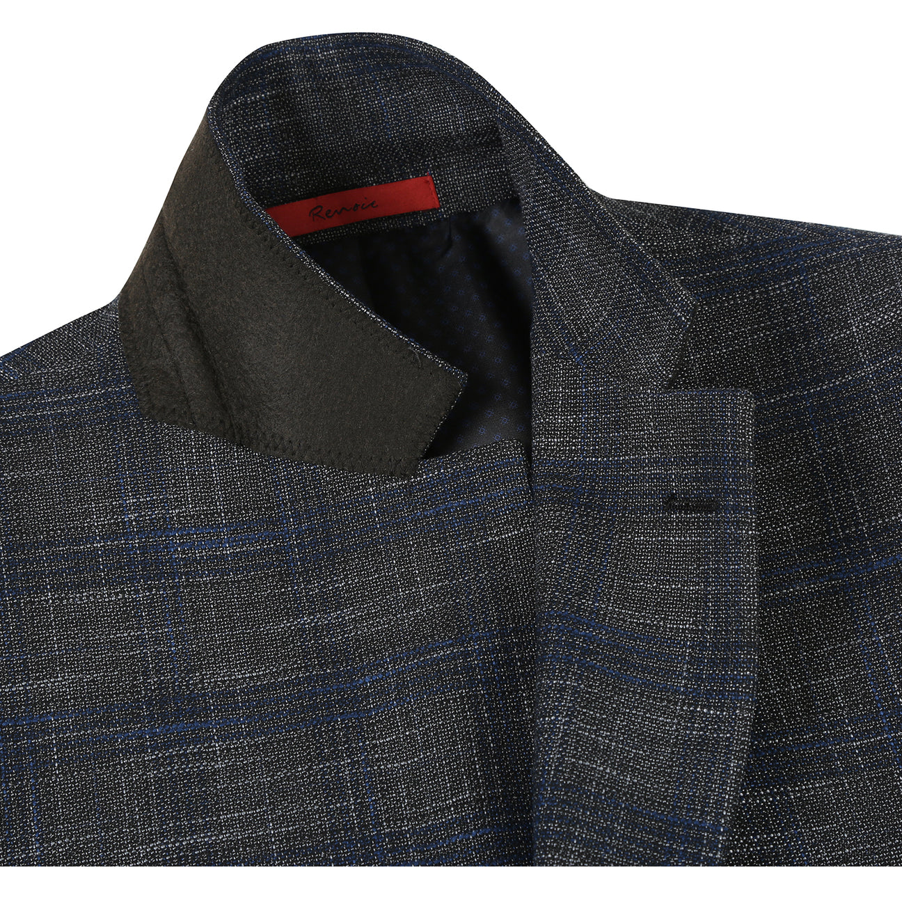 The Alessandro Vitello by Renoir New Slim Fit Gray Blue Blazer 294-39 is a single-breasted, slim fit jacket with a notch lapel, two front buttons, and flap pockets, shown in a dark plaid pattern on a white background.