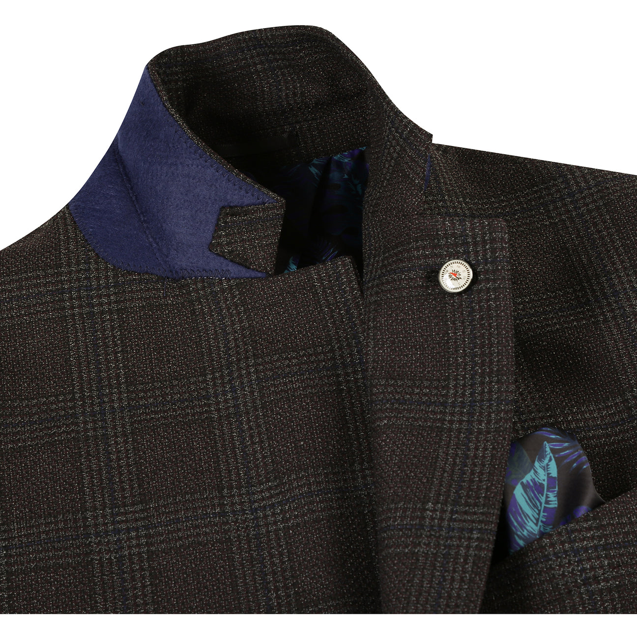 The Pellagio Dark Brown Men's Half Canvas Blazer PF24-13, with a notched lapel, is displayed on a mannequin, paired with a white shirt and striped tie. The blue pocket square adds elegance to this slim fit single-breasted blazer from Pellagio.