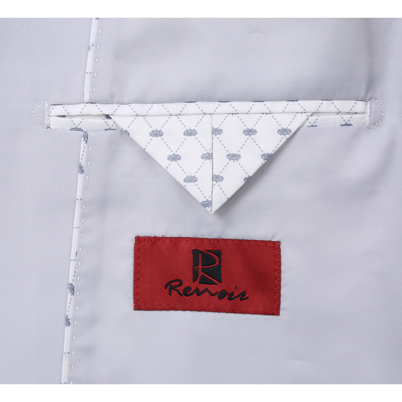 The Alessandro Vitello by Renoir 2-Piece Slim Fit Suit in Perl Gray features a single-breasted notch lapel jacket, shown on a mannequin with a white shirt, brown and pink striped tie, and dotted pocket square for lightweight comfort.