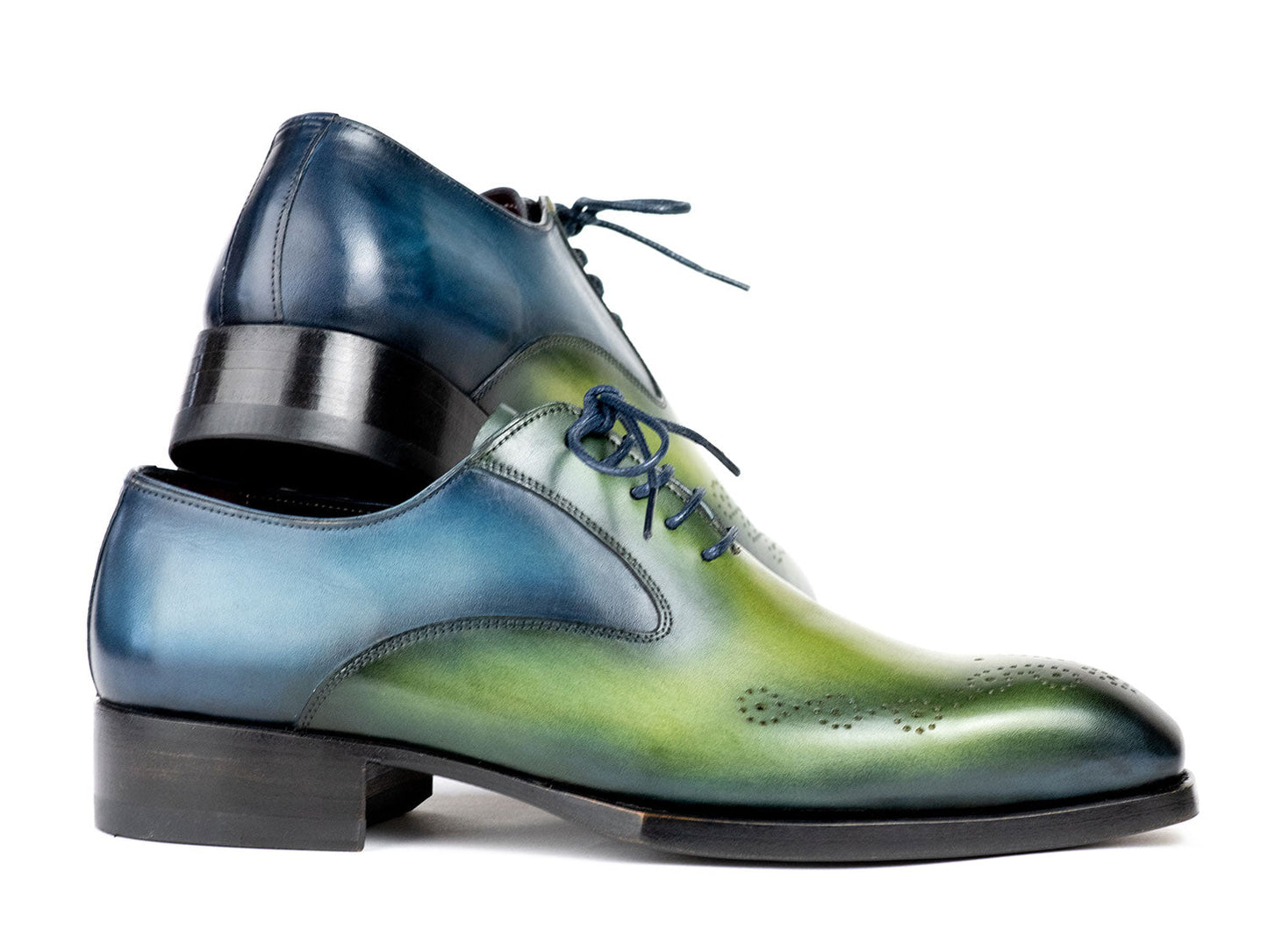 Introducing the Paul Parkman Goodyear Welted Punched Oxfords in Blue & Green (5364-GBL), a pair of hand-painted leather dress shoes featuring a stunning green and blue gradient, laces, decorative perforations, and crafted with a Goodyear welted sole.