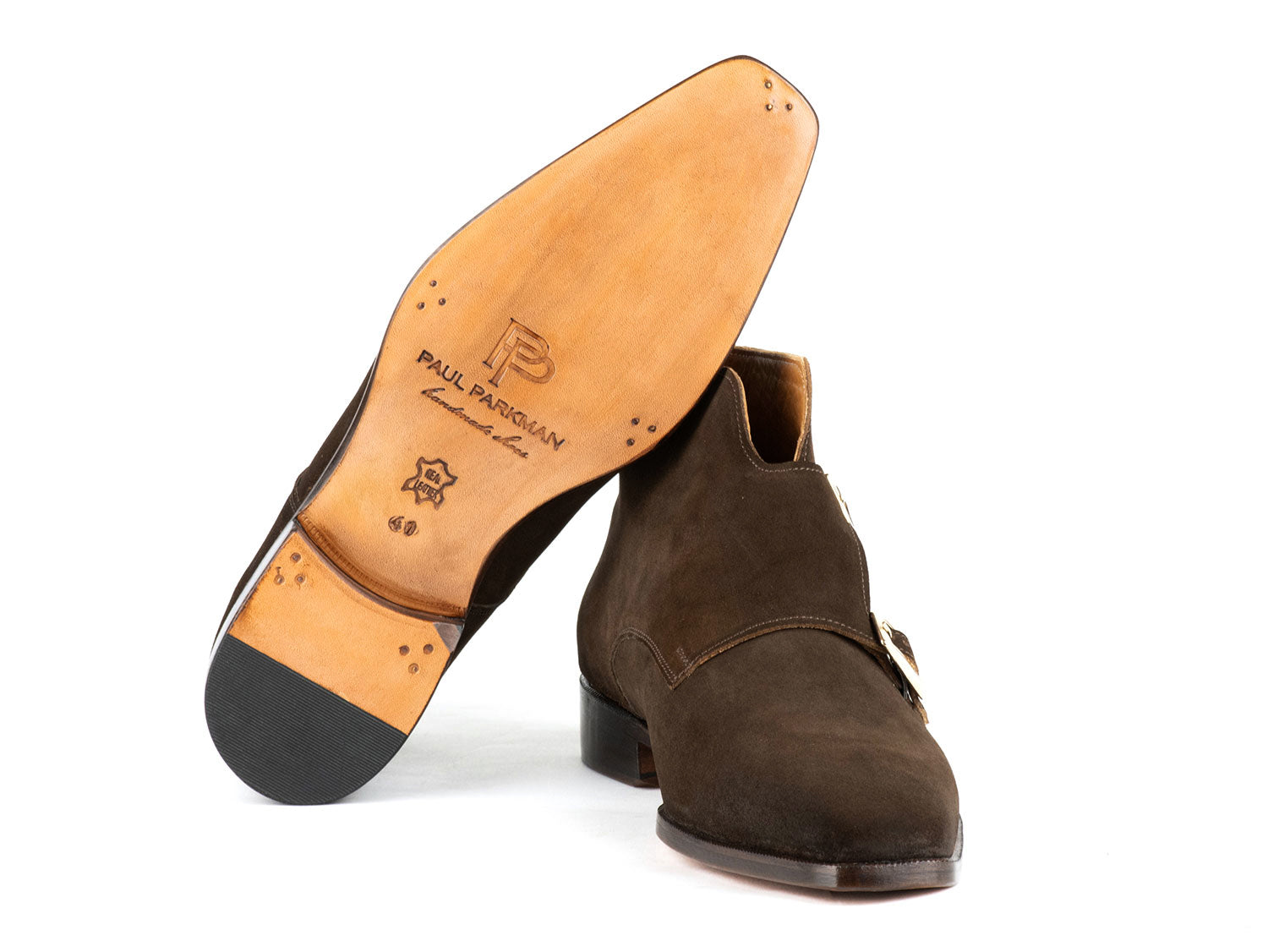 Introducing the Paul Parkman Double Monkstrap Ankle Boots in Brown Suede - 8154-SDB, showcasing a sleek design with two silver buckles and a leather sole. Experience the elegance of handmade craftsmanship that prioritizes both style and comfort.