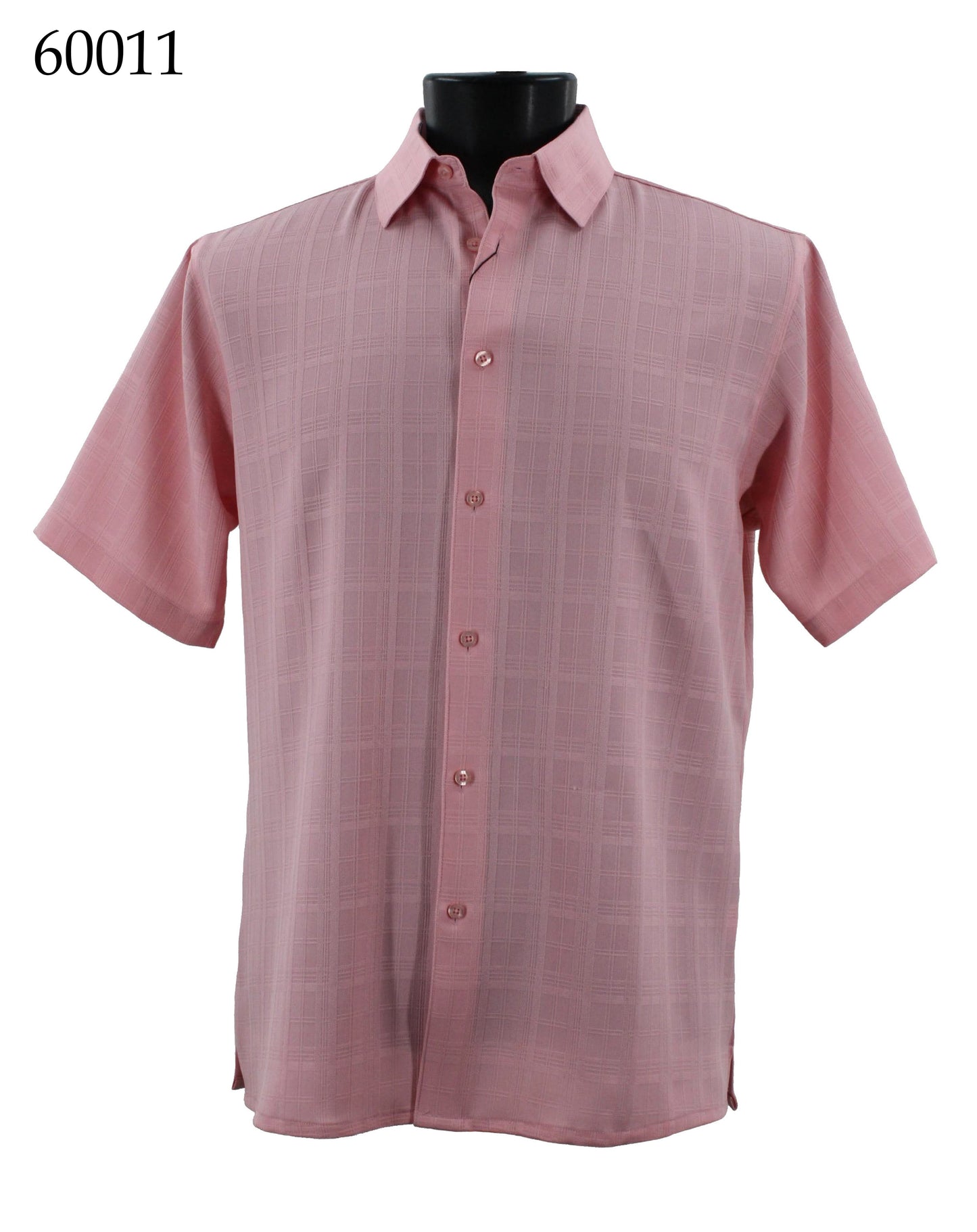 Displayed on the mannequin is the Bassiri Short Sleeve Shirt 60011, a Regular Fit design from the Bassiri brand. This collared pink shirt with a subtle checkered pattern features button fastening, perfectly highlighting its style.