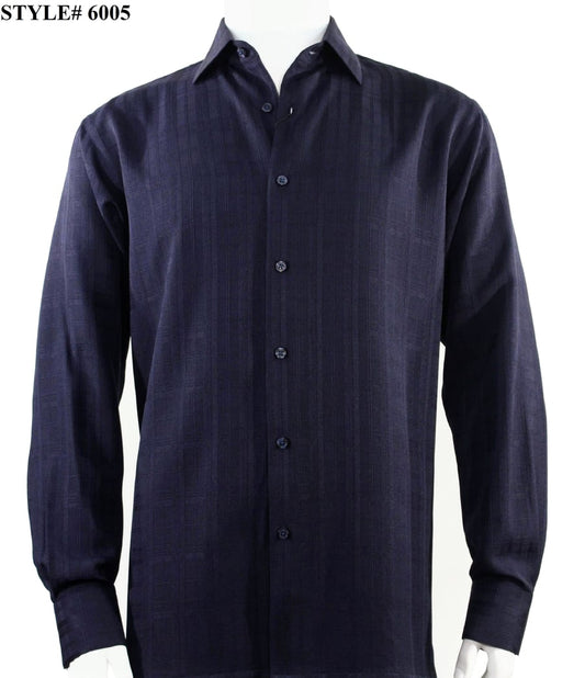 The Bassiri Long Sleeve Shirt 6005, shown on a mannequin, features a dark navy tone-on-tone vertical stripe pattern and regular fit, with the style number displayed in the top left corner.