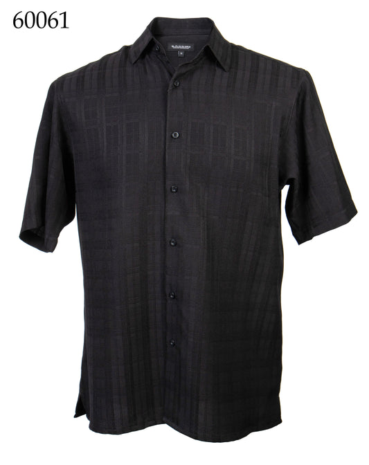 The Bassiri Short Sleeve Shirt 60061 by Bassiri is a black regular-fit button-up with subtle tone-on-tone plaid, shown on a white background. The number 60061 appears in the top left corner.