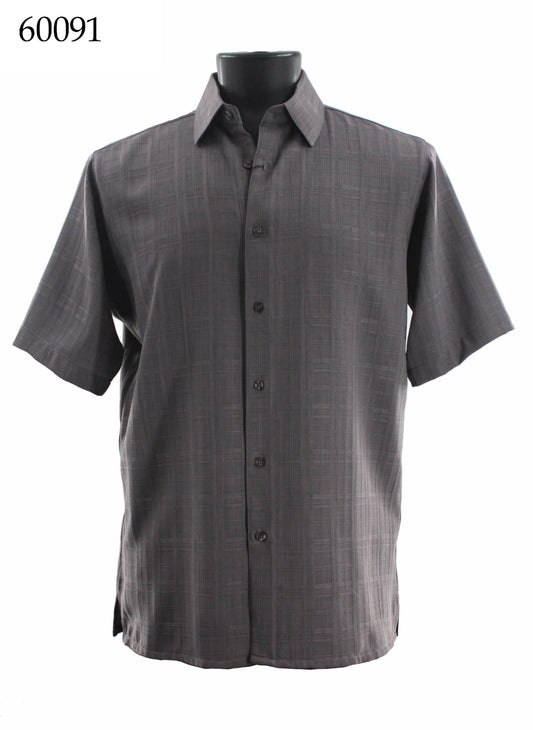 The Bassiri Short Sleeve Shirt 60091 by Bassiri is a regular fit, gray button-up with a tone-on-tone plaid pattern, shown on a black mannequin torso. The number 60091 appears in the top left corner.