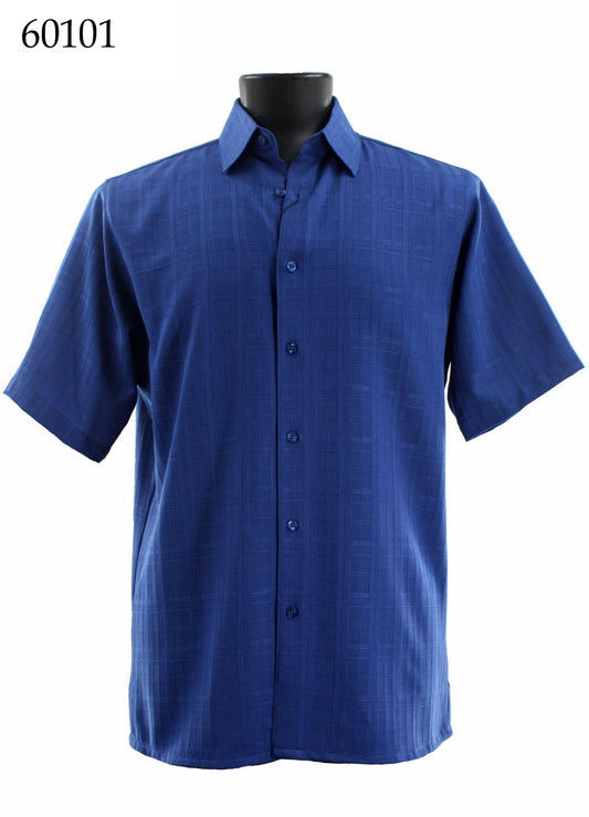 The Bassiri Short Sleeve Shirt 60101, a blue men's button-up with subtle plaid and regular fit, is shown on a black mannequin. The number 60101 appears in the top left corner.