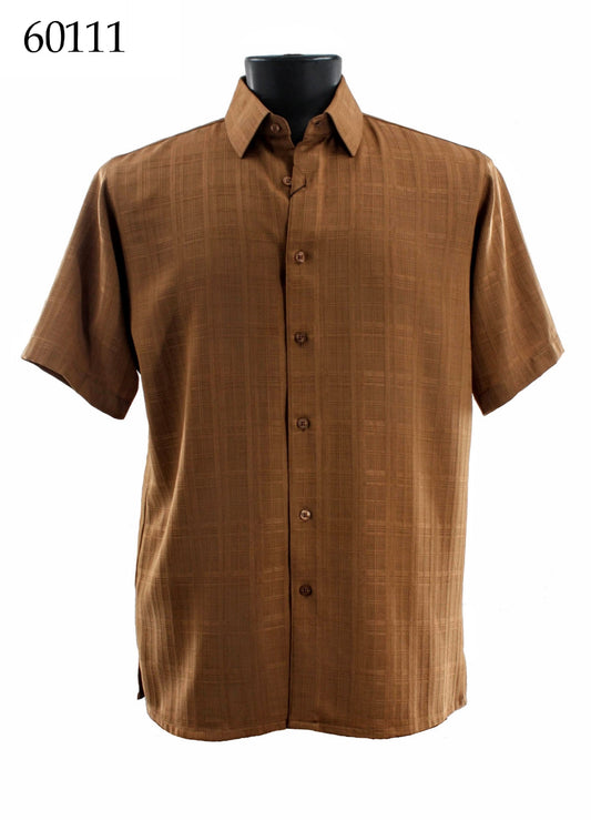 The Bassiri Short Sleeve Shirt 60111, a brown regular fit button-up with a subtle plaid pattern, is displayed on a mannequin. Brand: Bassiri. The "60111" label appears in the top left corner.