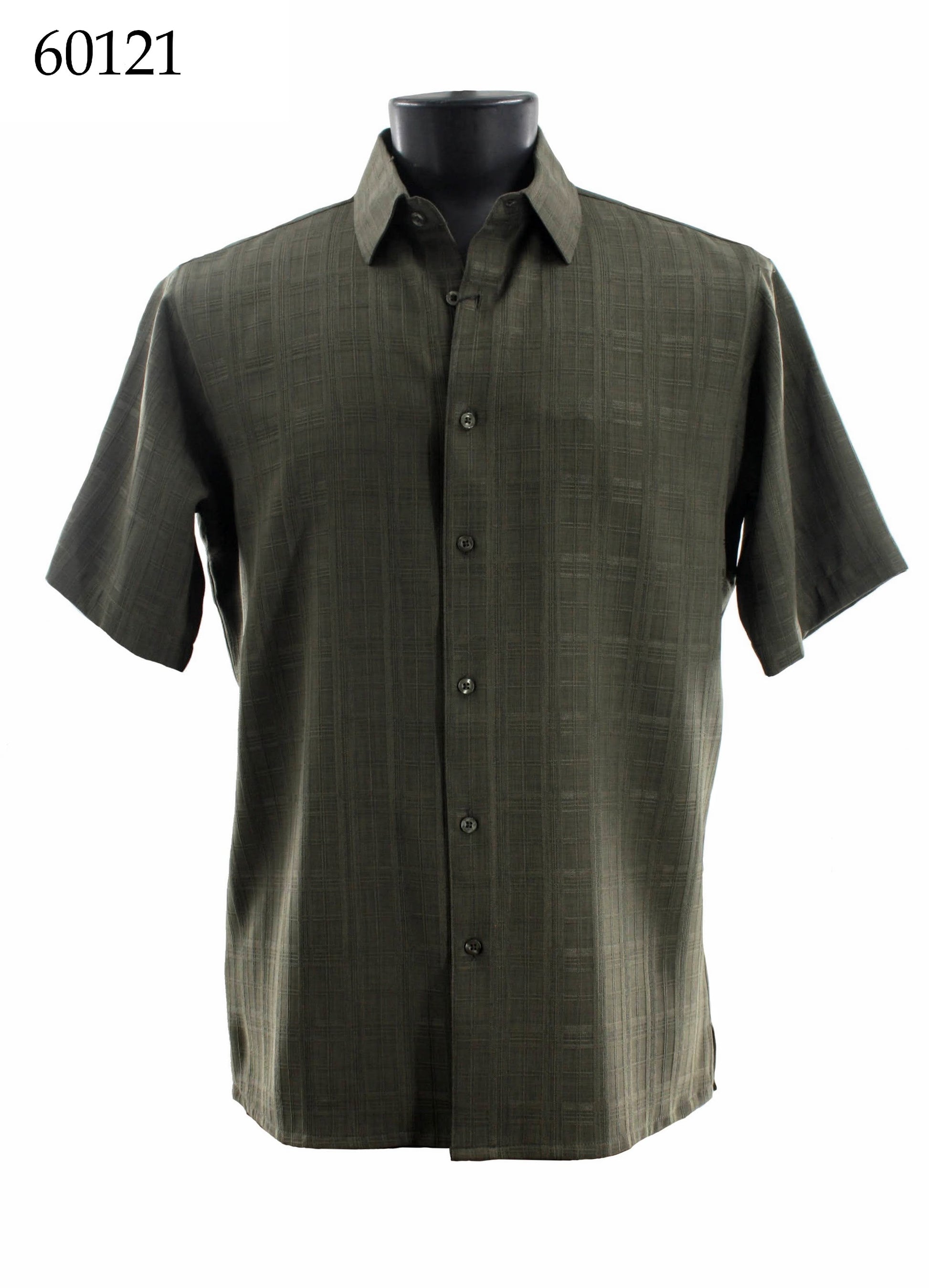 The Bassiri Short Sleeve Shirt 60121 by Bassiri features an olive green, regular fit with a subtle tone-on-tone checkered pattern. Displayed on a mannequin, the item number 60121 appears in the top left corner.