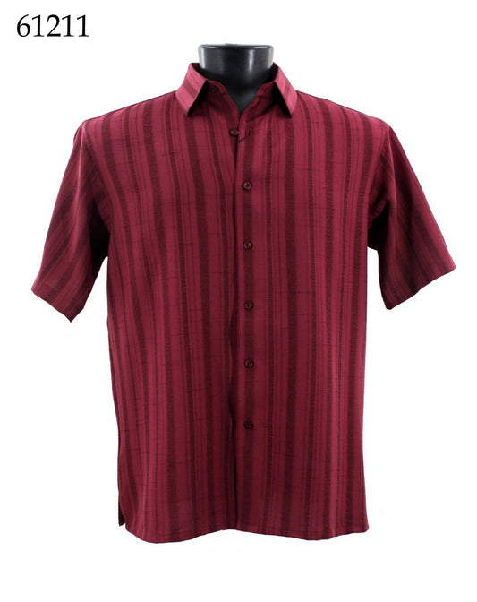 The mannequin is wearing a red and black striped short-sleeve button-up shirt by Bassiri, identified as the Bassiri Short Sleeve Shirt 61211.
