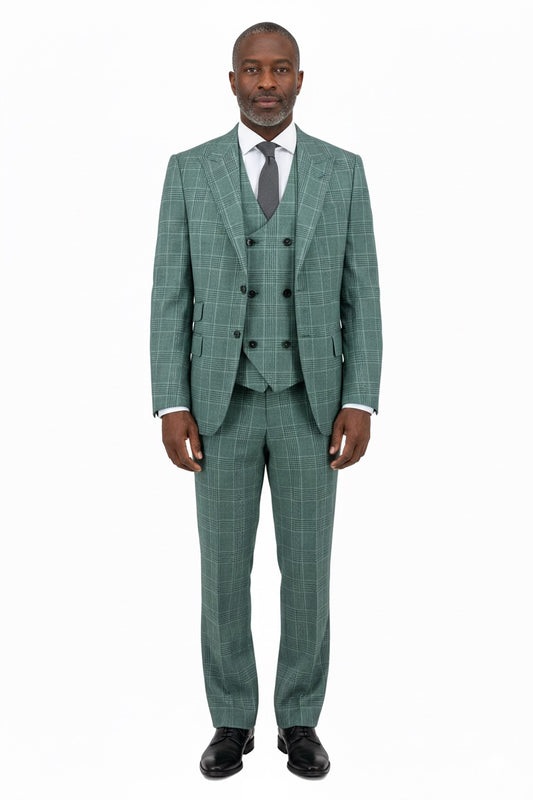 The Tiglio Luxe Sage Green with Windowpane Prosecco Modern Fit Pure Wool Suit & Vest (TL5588) is showcased on a mannequin against a white background.