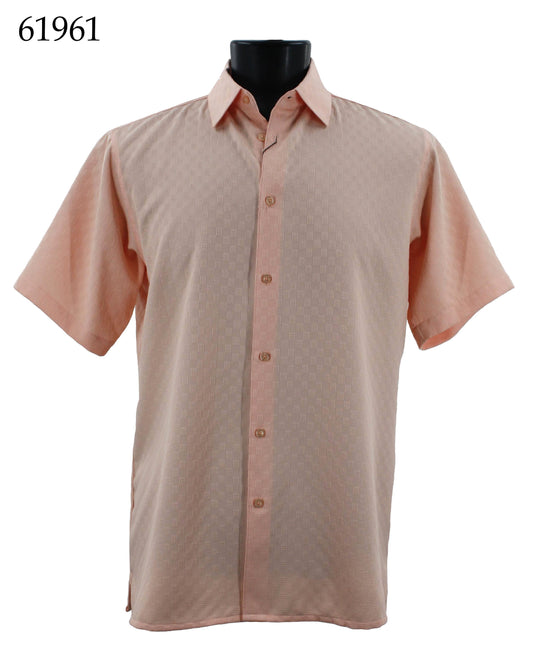 Bassiri Short Sleeve Shirt displayed on a mannequin, showcasing the regular fit with peach color and button-up design. The product number 61961 is positioned in the top left corner.