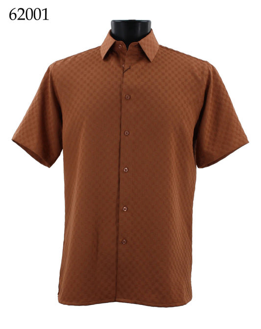 The Bassiri Short Sleeve Shirt 62001, displayed on a mannequin, showcases a brown hue with a subtle checkered pattern and is crafted in a regular fit for a timeless style.