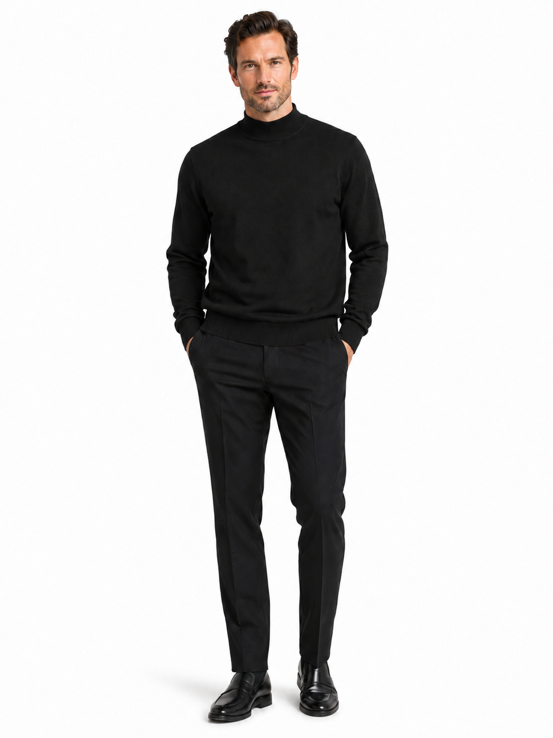 The Bassiri L/S Mock-Neck Black Sweater, crafted from a soft Tencel and cotton blend, is elegantly displayed on a mannequin. Style #630.