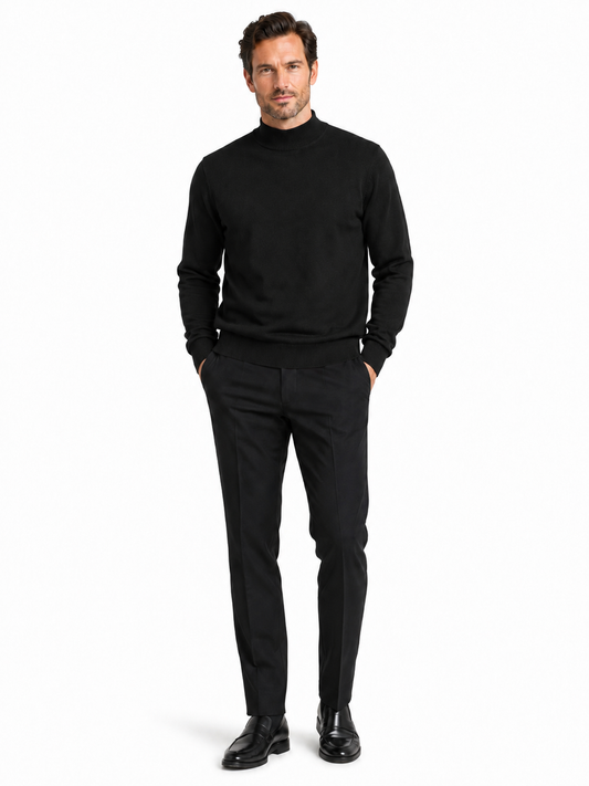 The Bassiri L/S Mock-Neck Black Sweater, crafted from a soft Tencel and cotton blend, is elegantly displayed on a mannequin. Style #630.