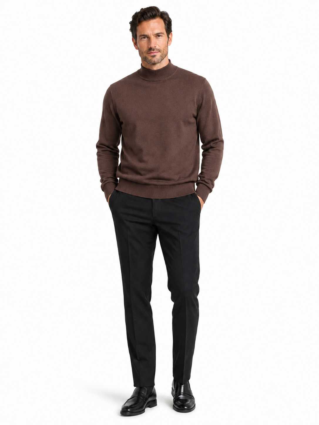 The Bassiri L/S Mock-Neck Brown Sweater 630, made from a soft Tencel blend, is showcased on a mannequin set against a plain white background.