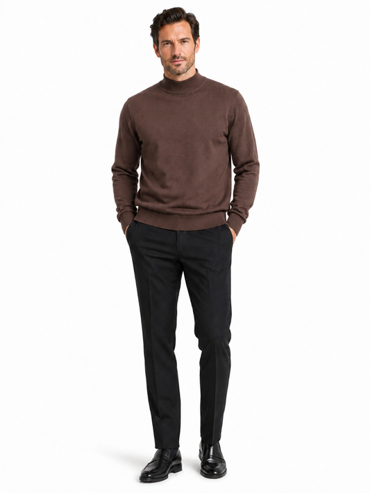 The Bassiri L/S Mock-Neck Brown Sweater 630, made from a soft Tencel blend, is showcased on a mannequin set against a plain white background.